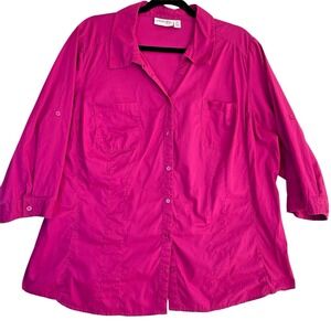 St. John's Bay Womens 2X Pink 3/4 Sleeve Button Down Shirt Top Plus Size‎